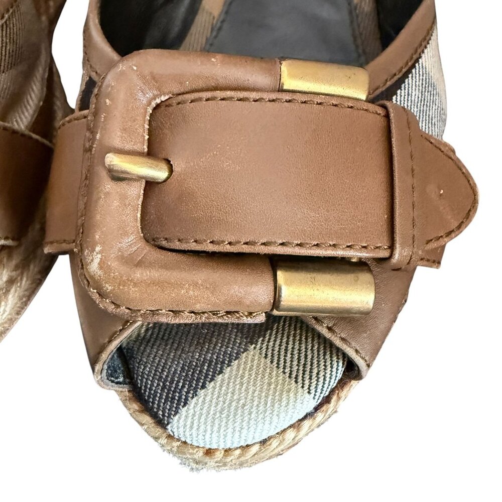 Burberry Brown Leather Novacheck Canvas Buckle Detail Peep Toe Espadrille Wedge - Picture 15 of 16